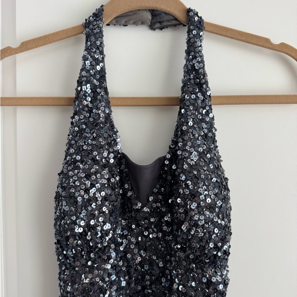 Nightway Sequined Halter Formal Gown Charcoal Gray Mesh Maxi Prom Dress 8 - Picture 5 of 14